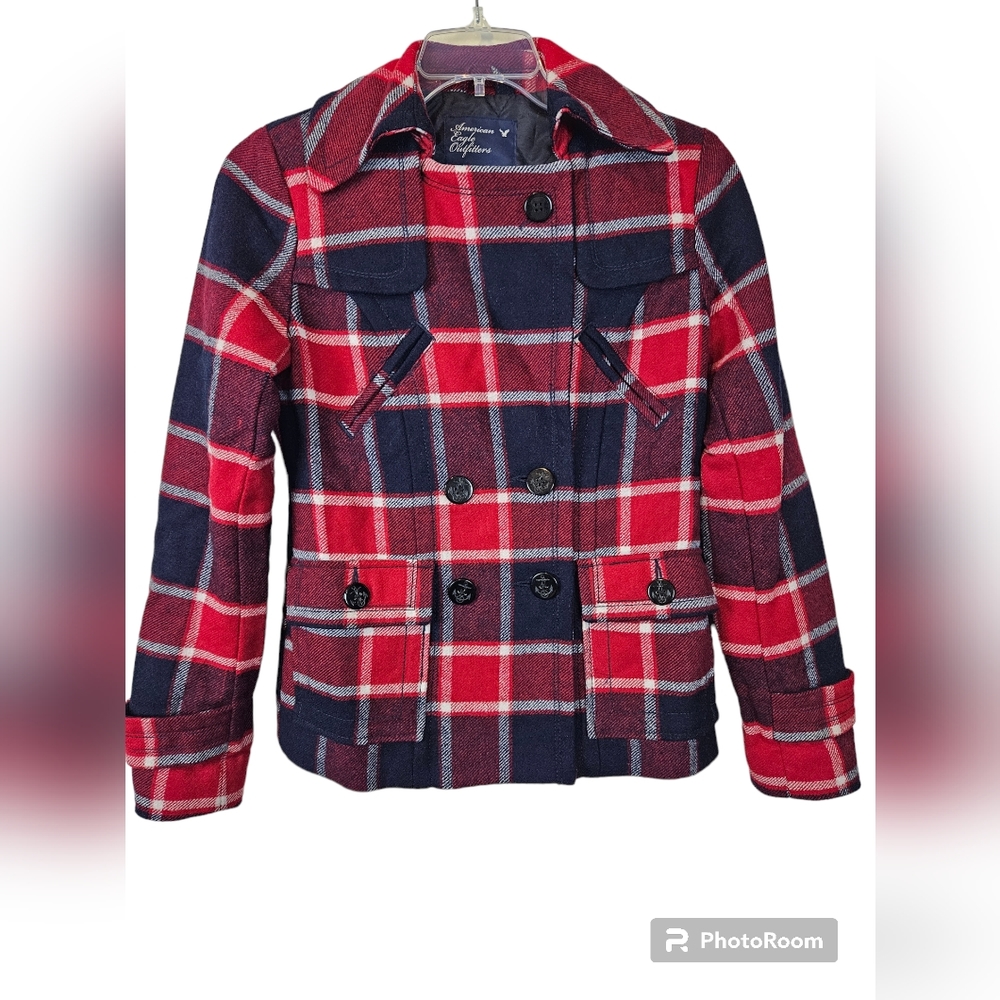 American Eagle Wool Blend Pea Coat Jacket Blue, Red & White Small Petite